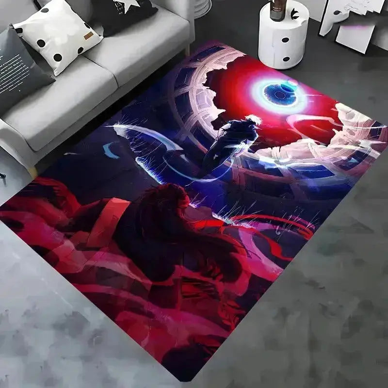 Large anime area rug with Gojo and Itadori in a modern living room