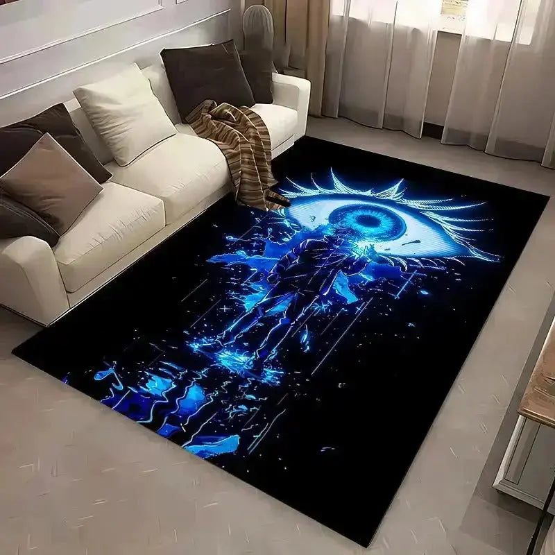 Anime character rug of JJK Gojo and Itadori placed stylishly in a teen room