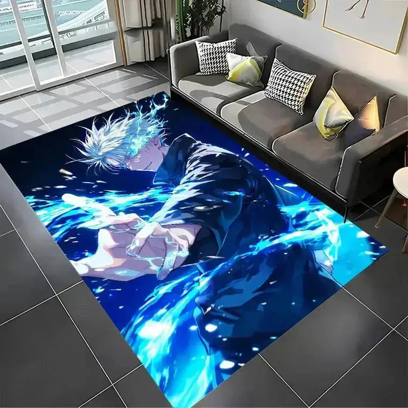 Japanese anime-style rug of Jujutsu Kaisen duo in fight scene