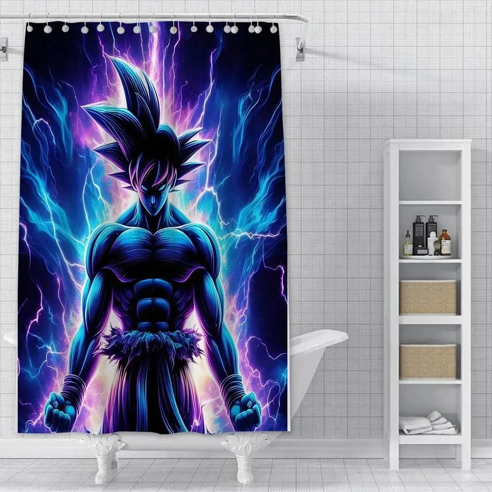 Anime Goku waterproof polyester shower curtain with vibrant Dragon Ball design hanging in modern bathroom