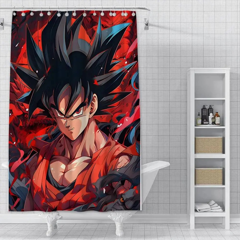 Anime Goku waterproof polyester shower curtain with vibrant Dragon Ball design hanging in modern bathroom