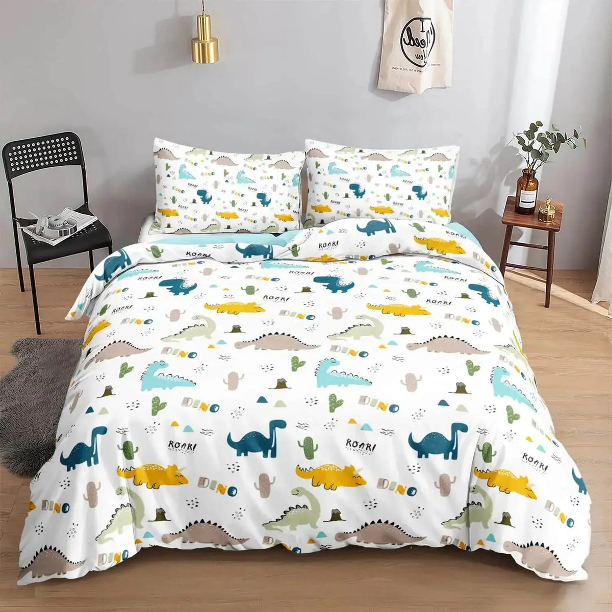 Kawaii dinosaur bedding set for kids

Cute comforter and pillowcases with cartoon dino design

Soft microfiber dinosaur comforter for boys &amp; girls

Breathable kids bedding with fun, cozy style