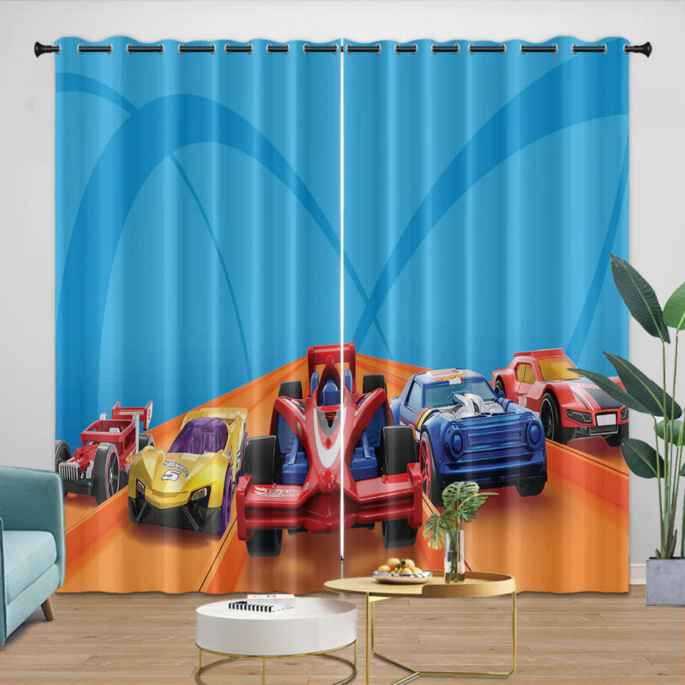 Curtain with colorful car design in a room setting