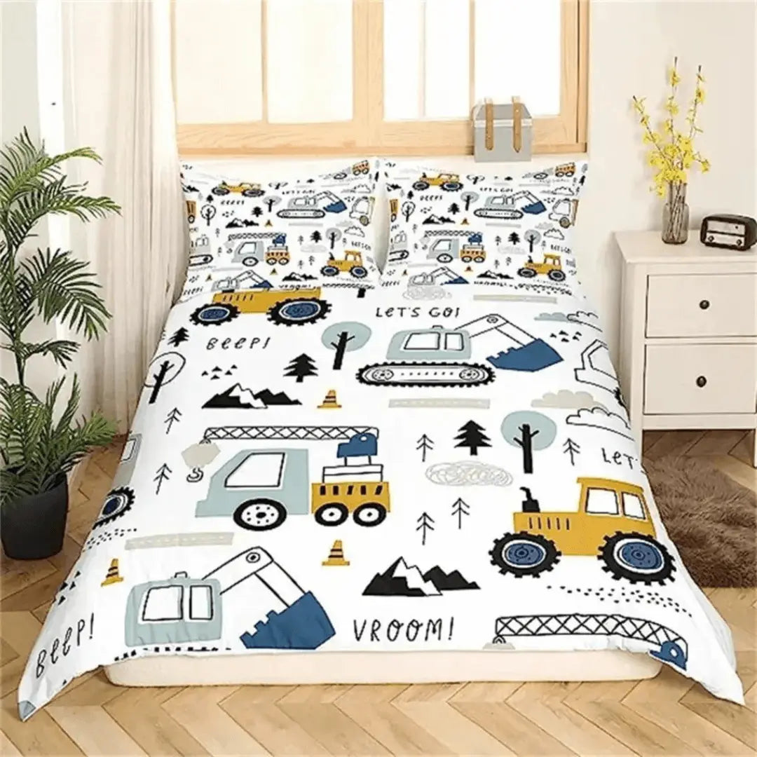 Boys truck-themed bedding set with cranes and excavators print