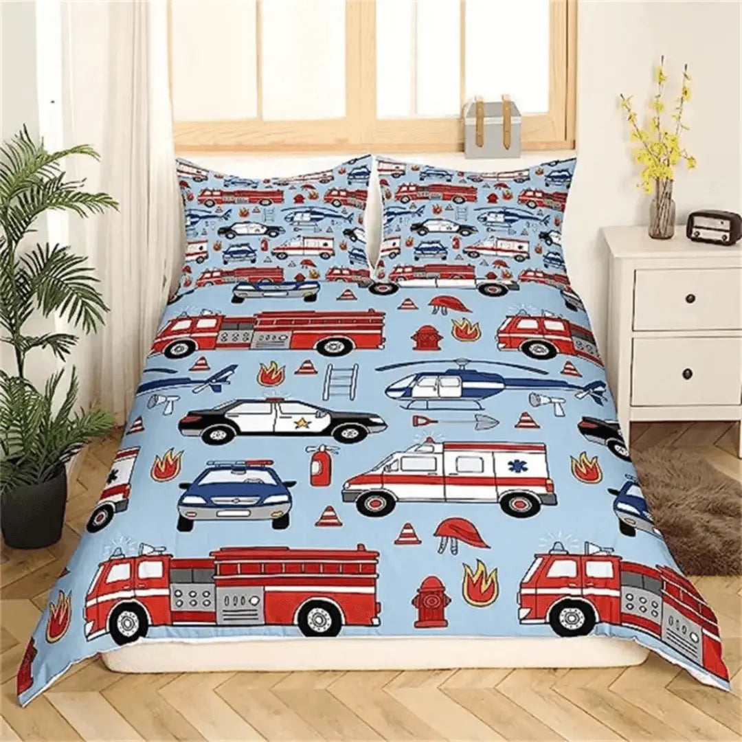 Emergency vehicles kids bedding set with rescue trucks and helicopter design