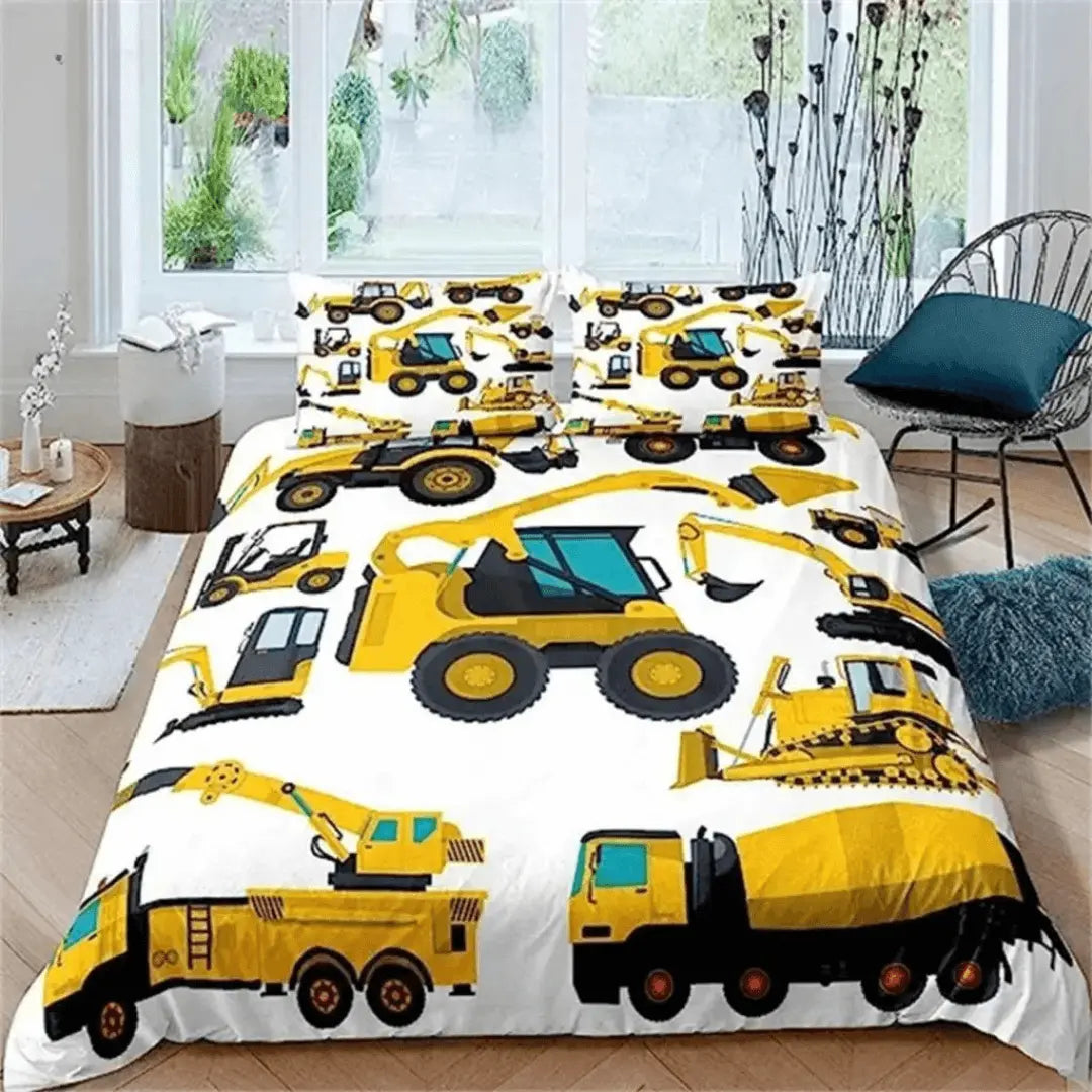 Boys bedding set featuring bright yellow dump trucks and bulldozers