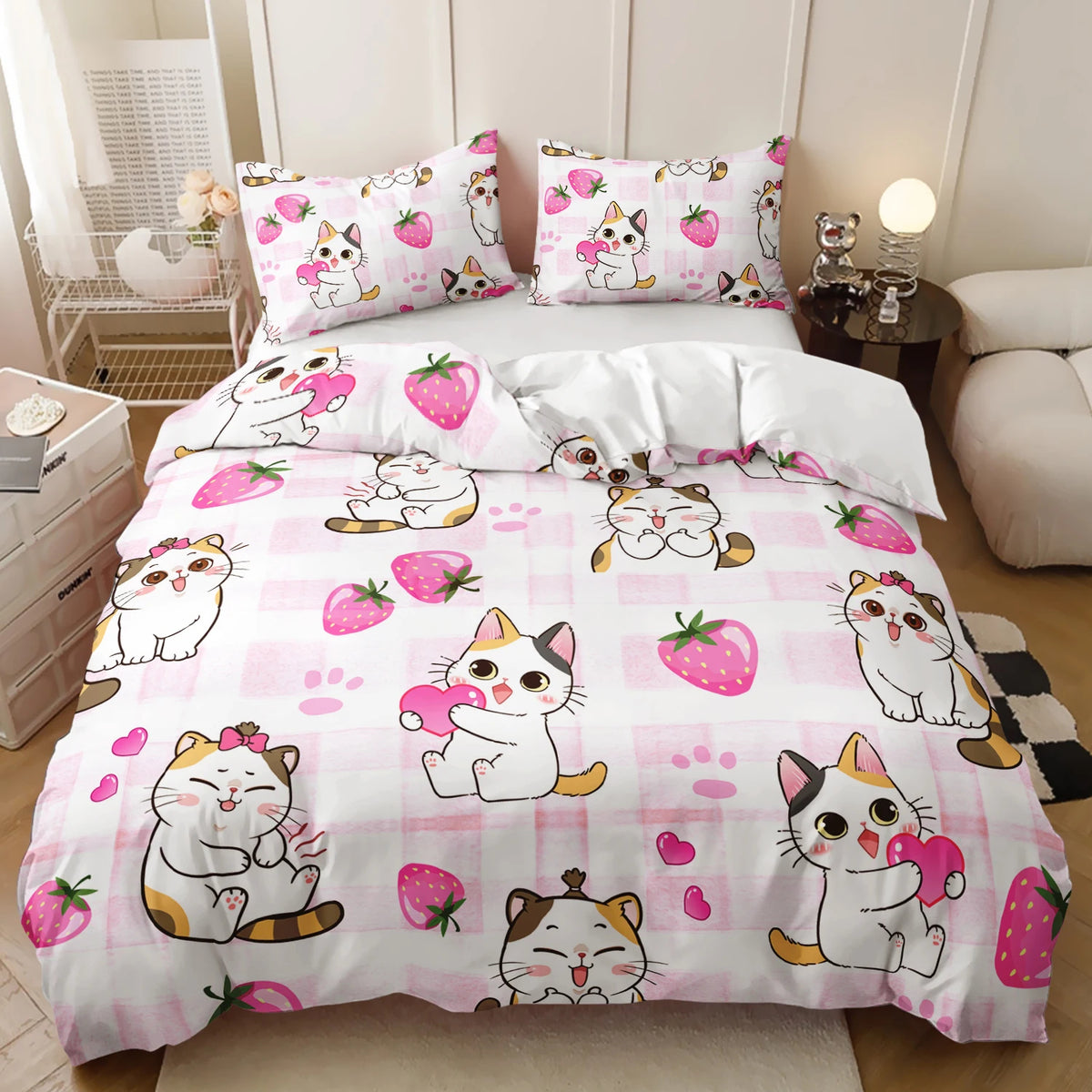 cartoon cats and pink strawberries cute animal bedding for kids