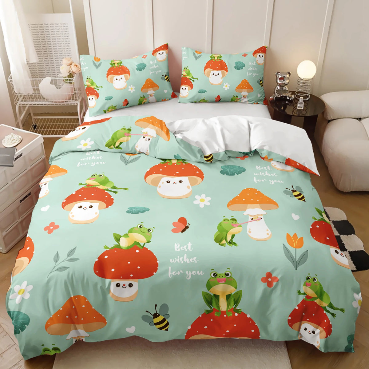 whimsical cartoon print of red and orange mushrooms, green frogs, bees, flowers, kids cartoon animal duvet cover