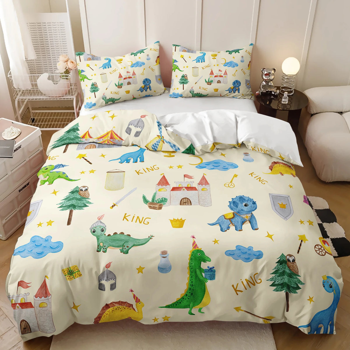 microfiber polyester kids bedding printed with colorful cartoon dinosaurs, castles, stars,