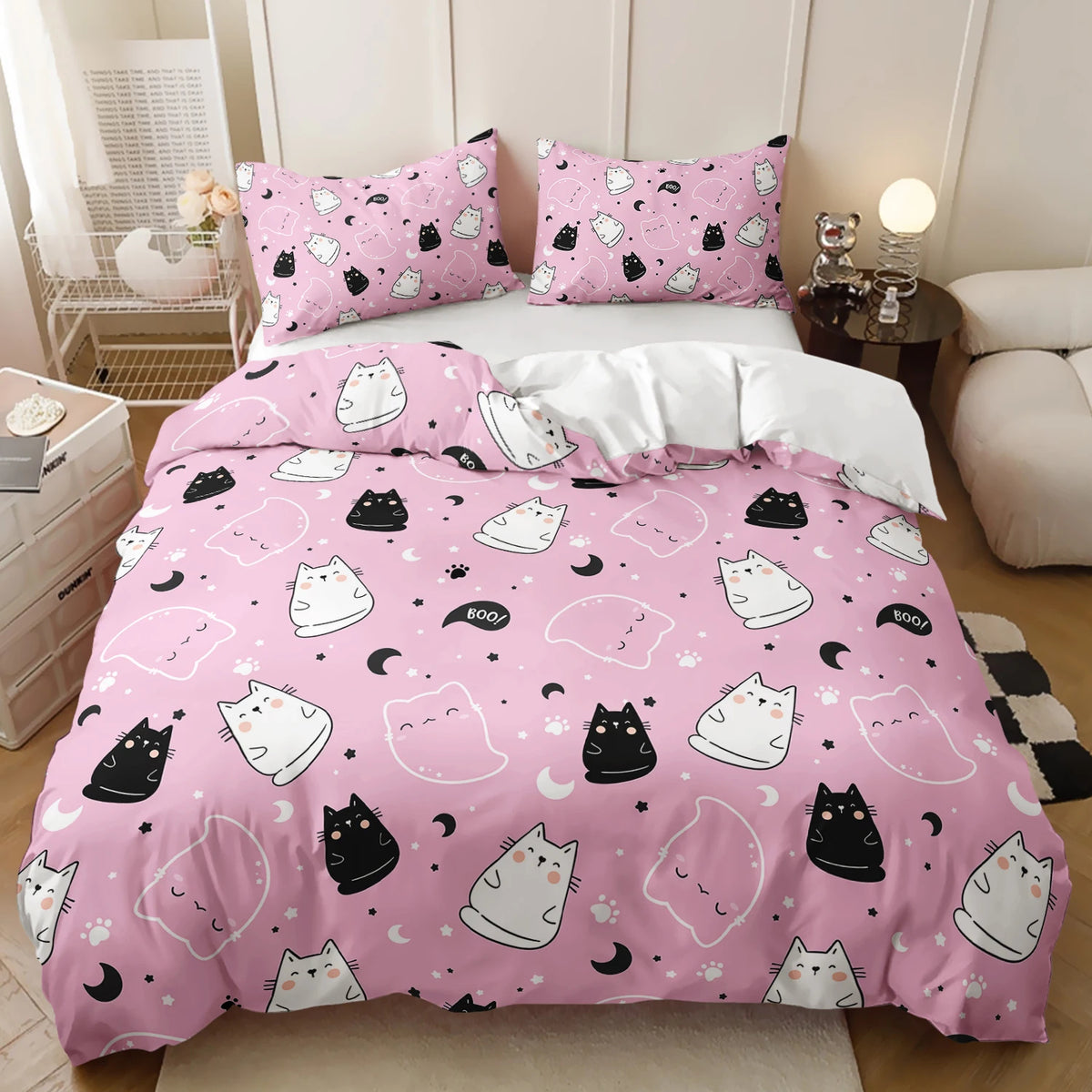 Pink bedding set cute cat print for kids gift