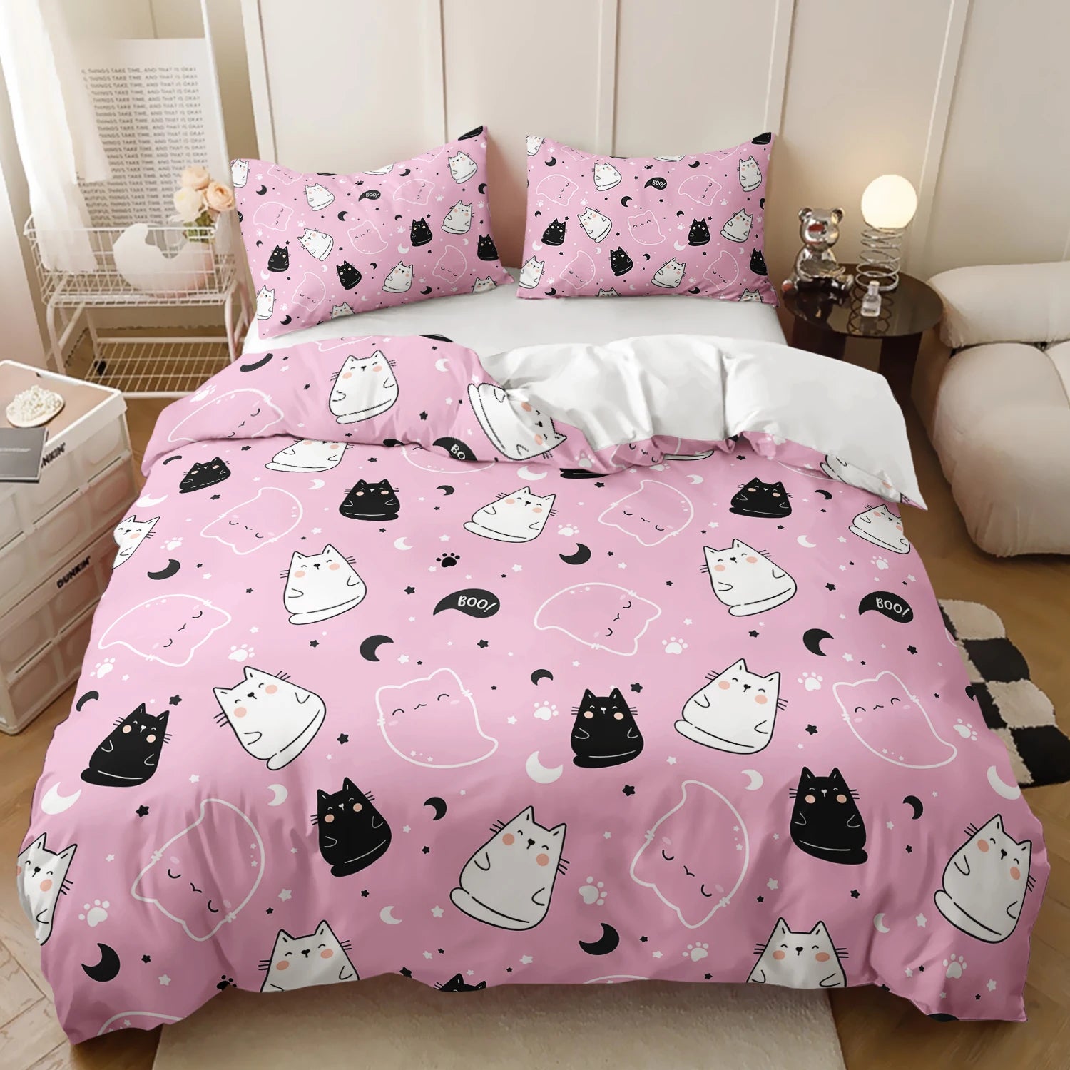 Pink bedding set cute cat print for kids gift
