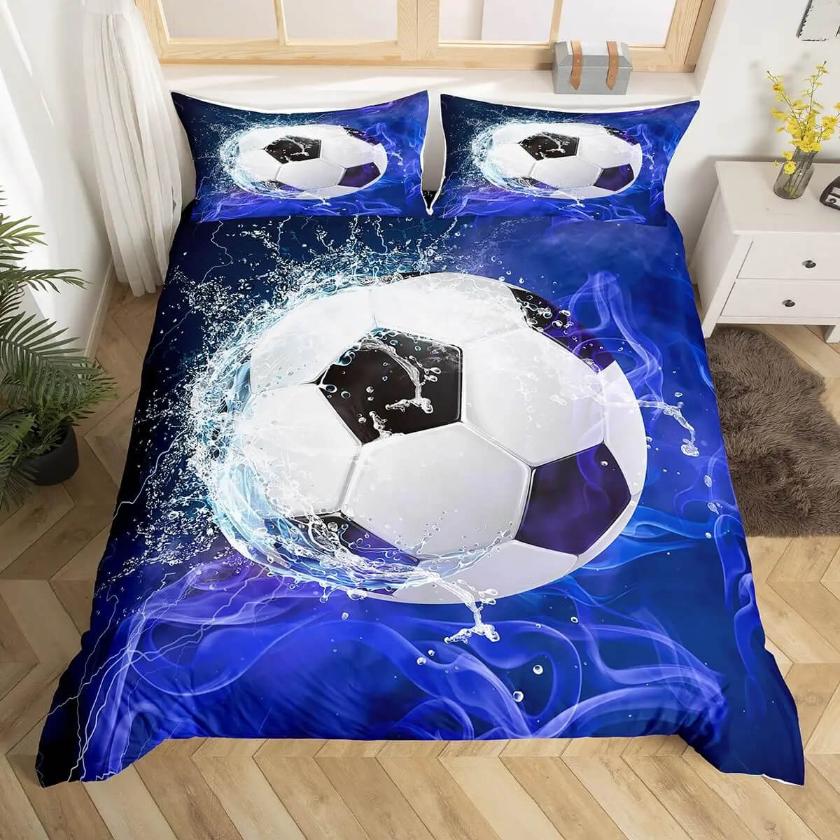 Easy-care kids soccer quilt cover set