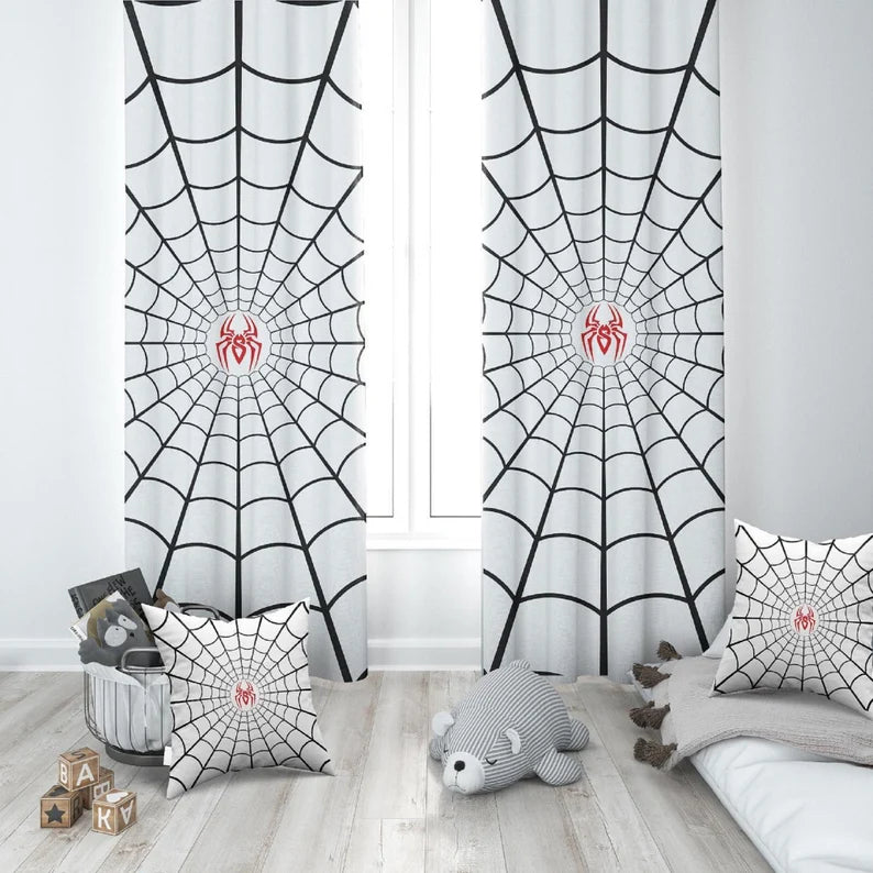 Spider web superhero themed curtains playroom