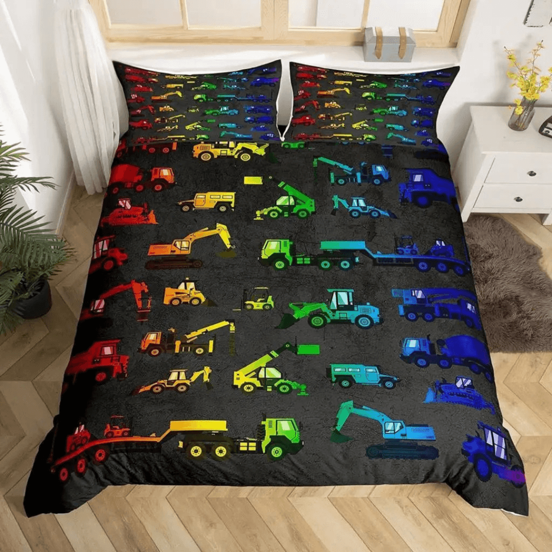 Colorful Truck and Excavator Bedding for Kids Nursery