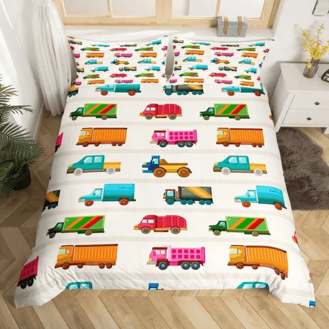 Bright Excavator and Truck Bedding for Kids Bedroom