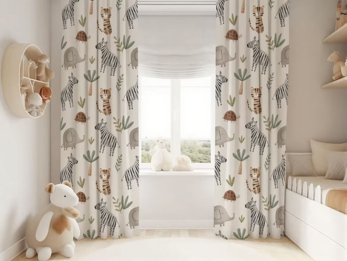 "Kids window curtains with jungle animal design – fun and calming tones"