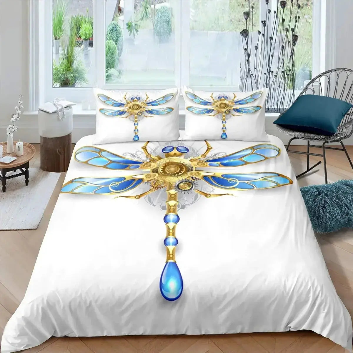 King size boho dragonfly quilt cover on bed with pillows