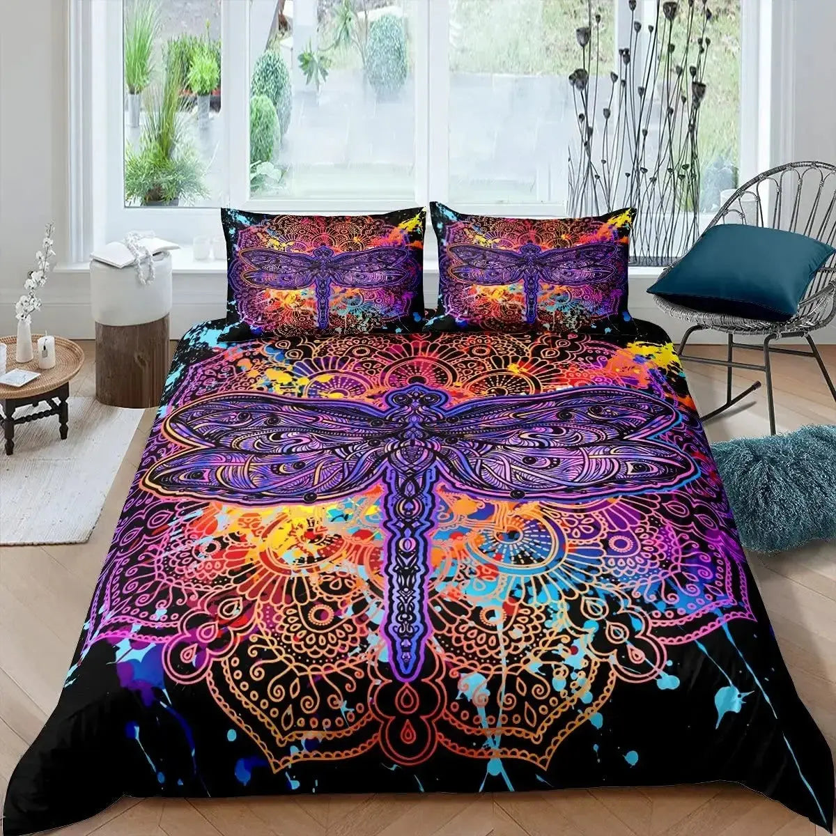 King size tie dye dragonfly quilt cover on bed