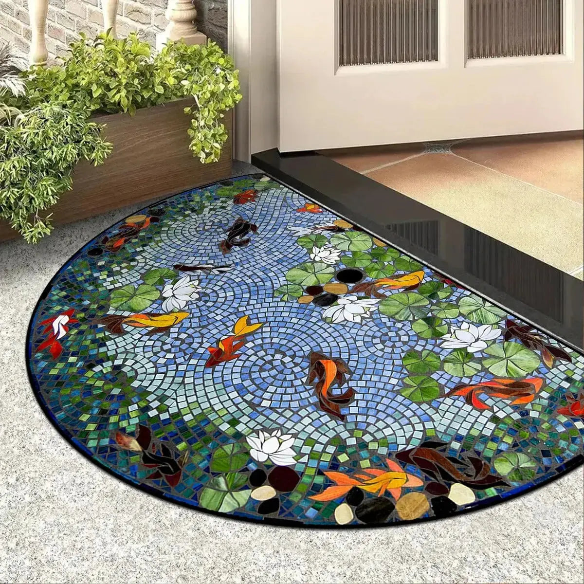 Semi-circular rug with koi fish mosaic floral design placed at home entryway