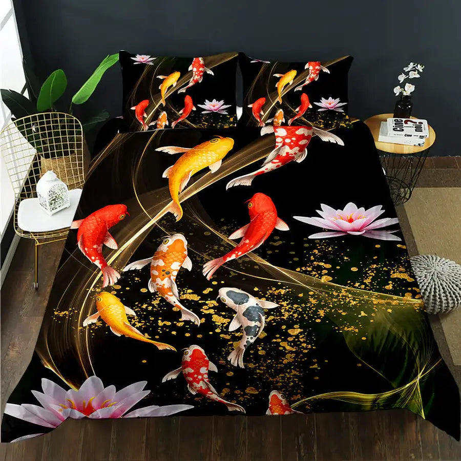 Koi Fish Painting Style Bedding Set with Pillow Shams