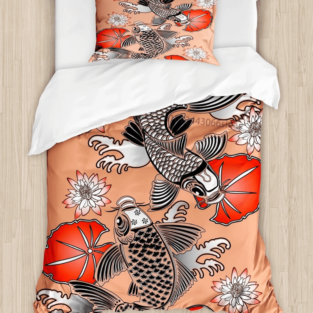 Koi Fish Duvet Cover Set Japanese Art Bedding Queen Size