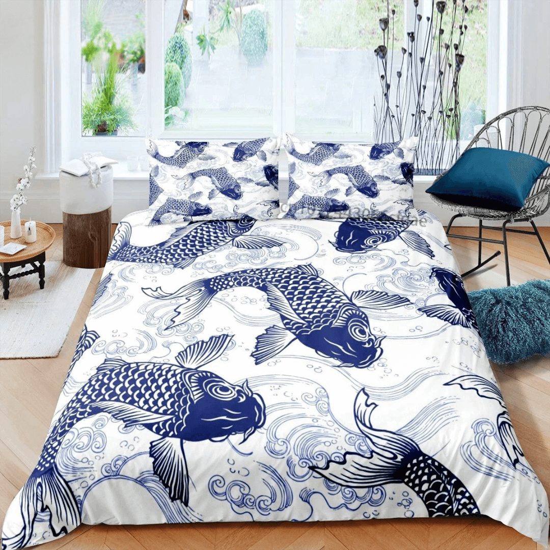 Soft Microfiber Koi Fish Duvet Cover Set Queen Size