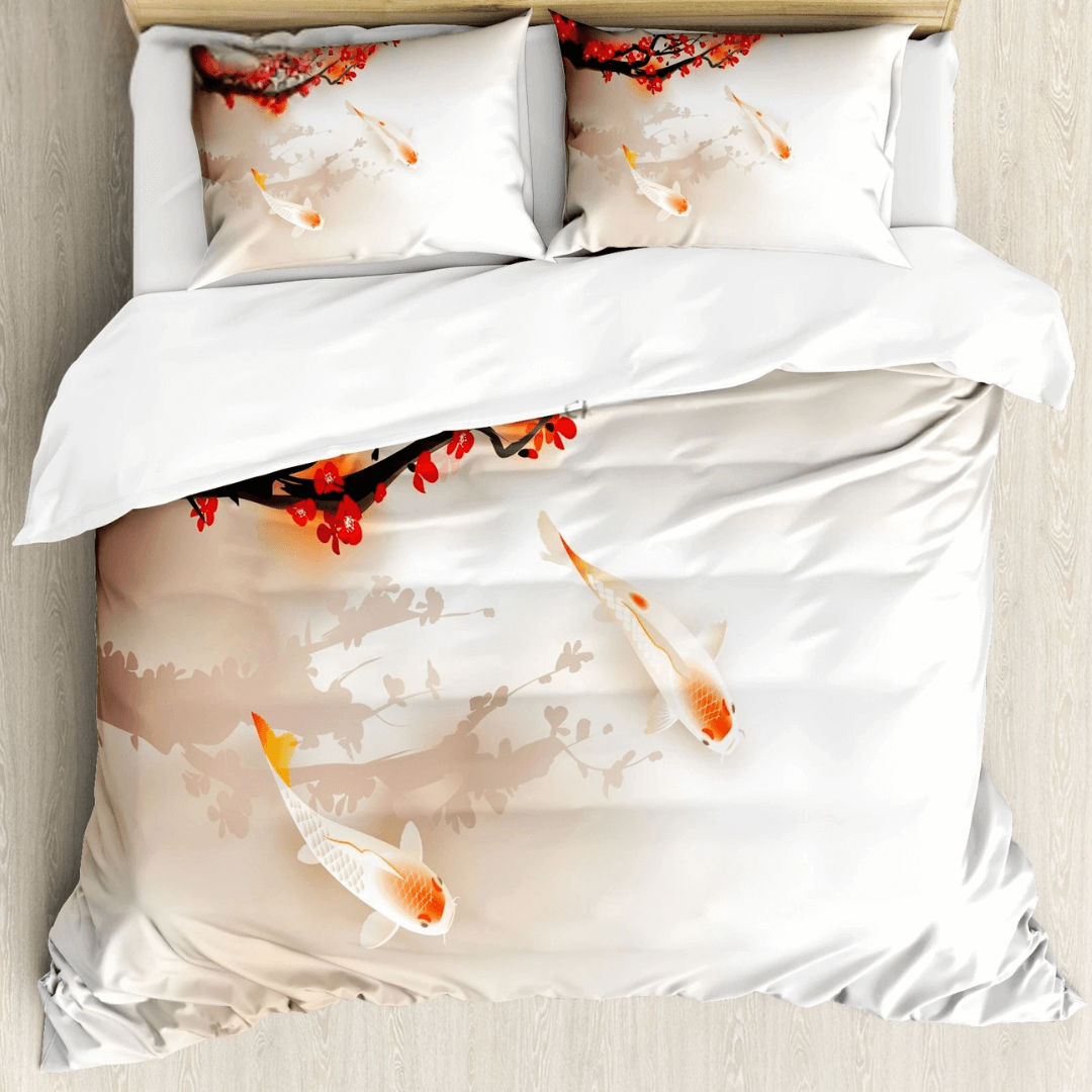 Luxury Koi Fish Duvet Cover Set in Asian Painting Style