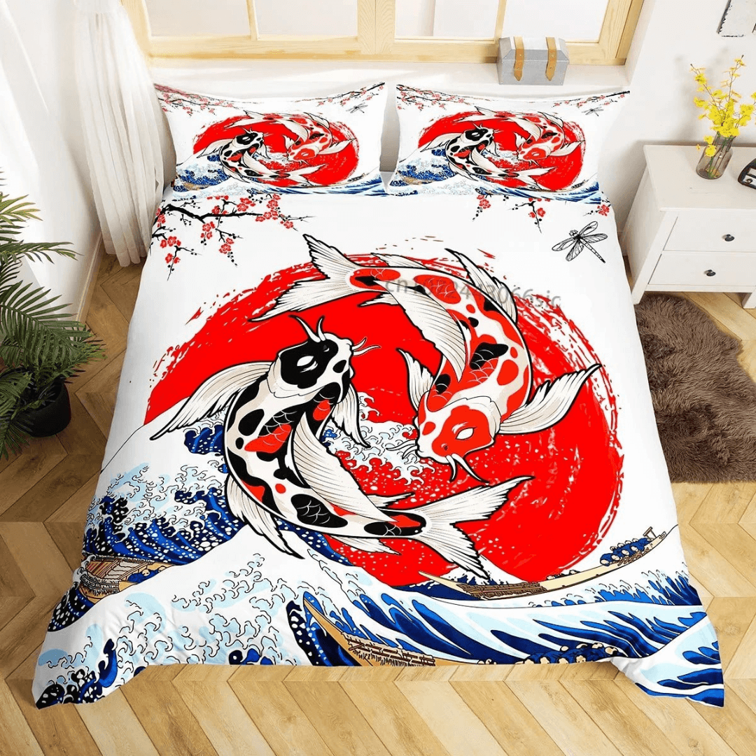 Koi Fish Comforter Cover Set Japanese Art Bedroom Décor