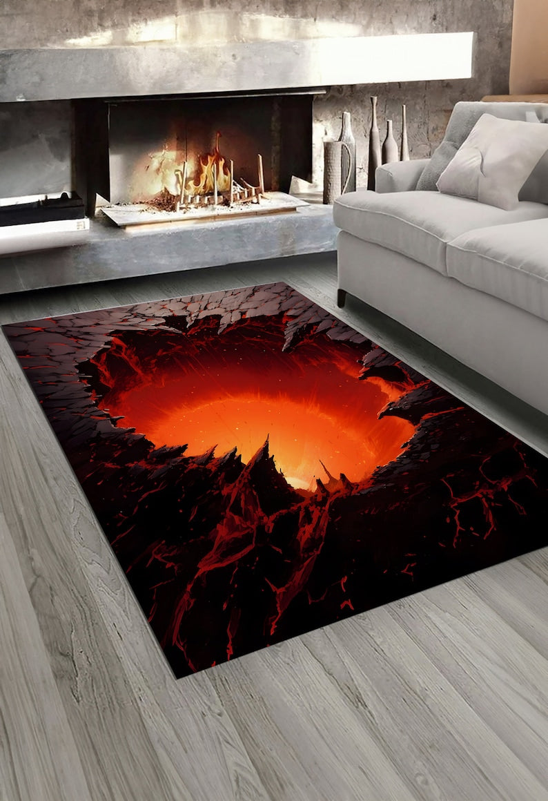 Lava Spiral Illusion Rug – 3D Fiery Hell Pit Carpet, Gothic Dark Fantasy Floor Decor, Unique Optical Illusion Area Mat