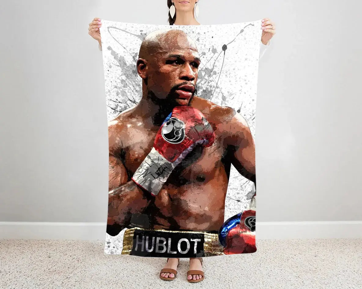 Floyd Mayweather splash effect flannel blanket featuring dynamic boxing champion graphics, ultra-soft warm fabric, and bold design perfect for boxing fans’ bedding or sofa throw