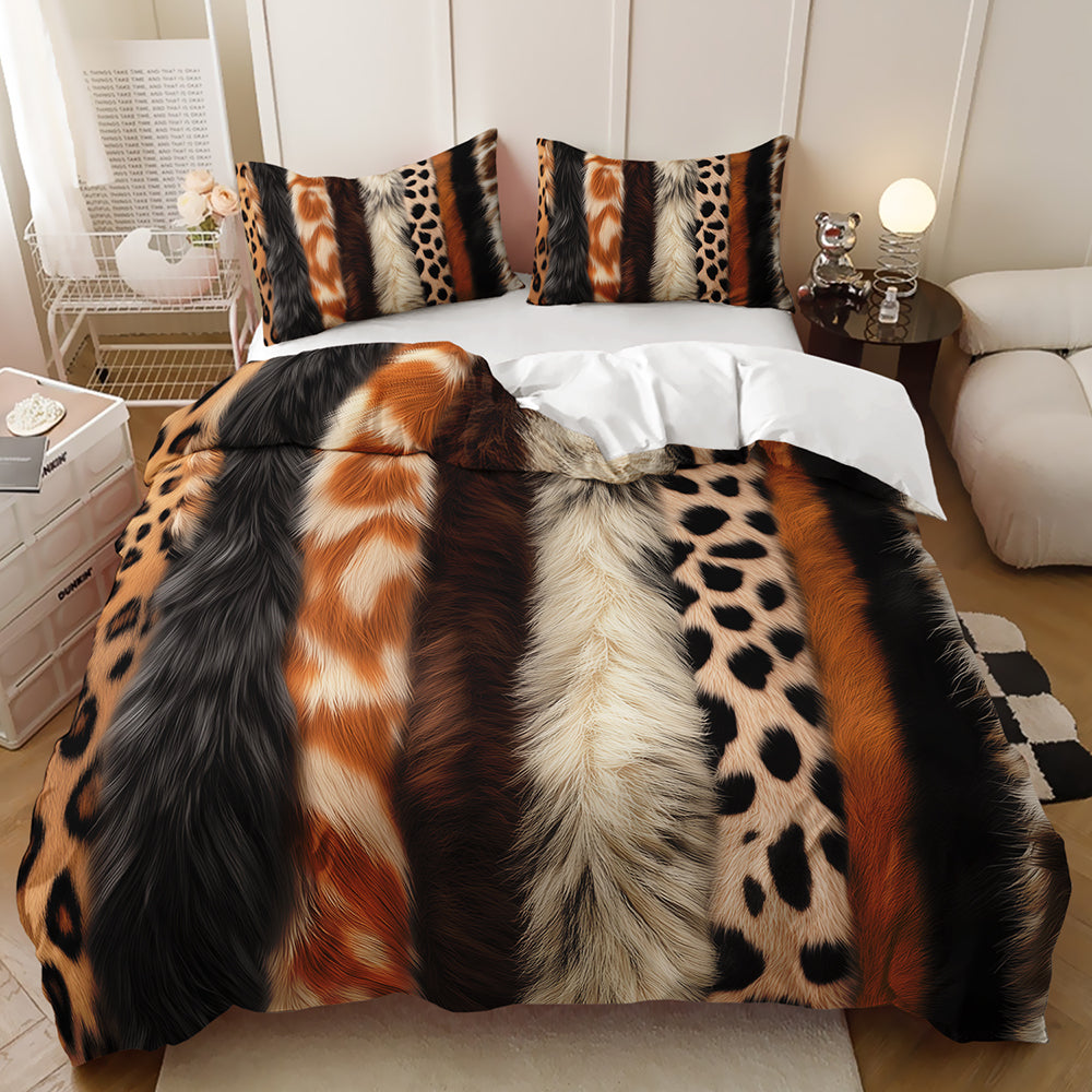 A bedding set featuring a duvet cover and two pillowcases with a bold vertical faux-fur and leopard-print pattern in black, brown, orange, cream, and white, styled on a bed in a modern bedroom setting.