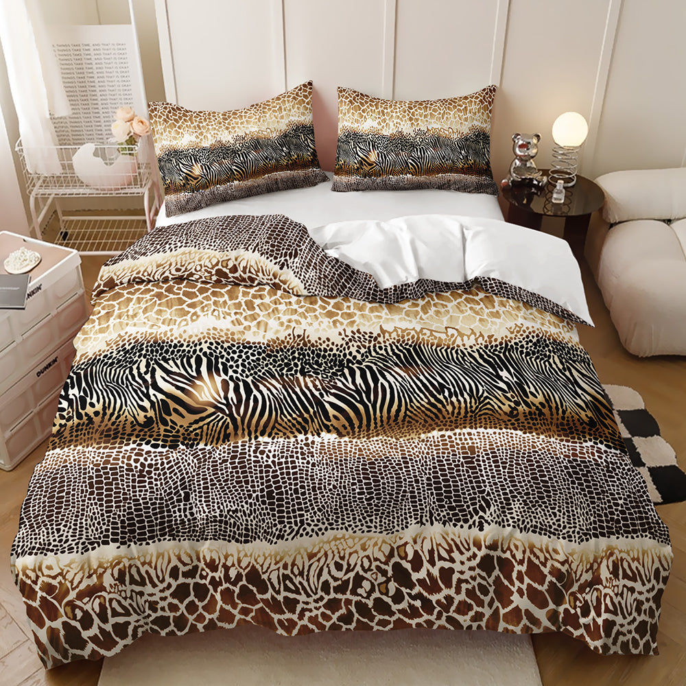 A made bed in a bedroom setting featuring a bedding set with a mixed animal print pattern. The design combines leopard spots, giraffe patches, zebra stripes, and crocodile skin textures in black, brown, beige, and white.