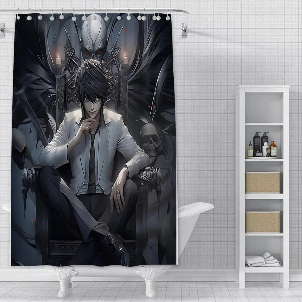 Anime Death Note Shower Curtain – Waterproof polyester bathroom curtain with bold black and white anime design featuring Death Note characters from Zirconic