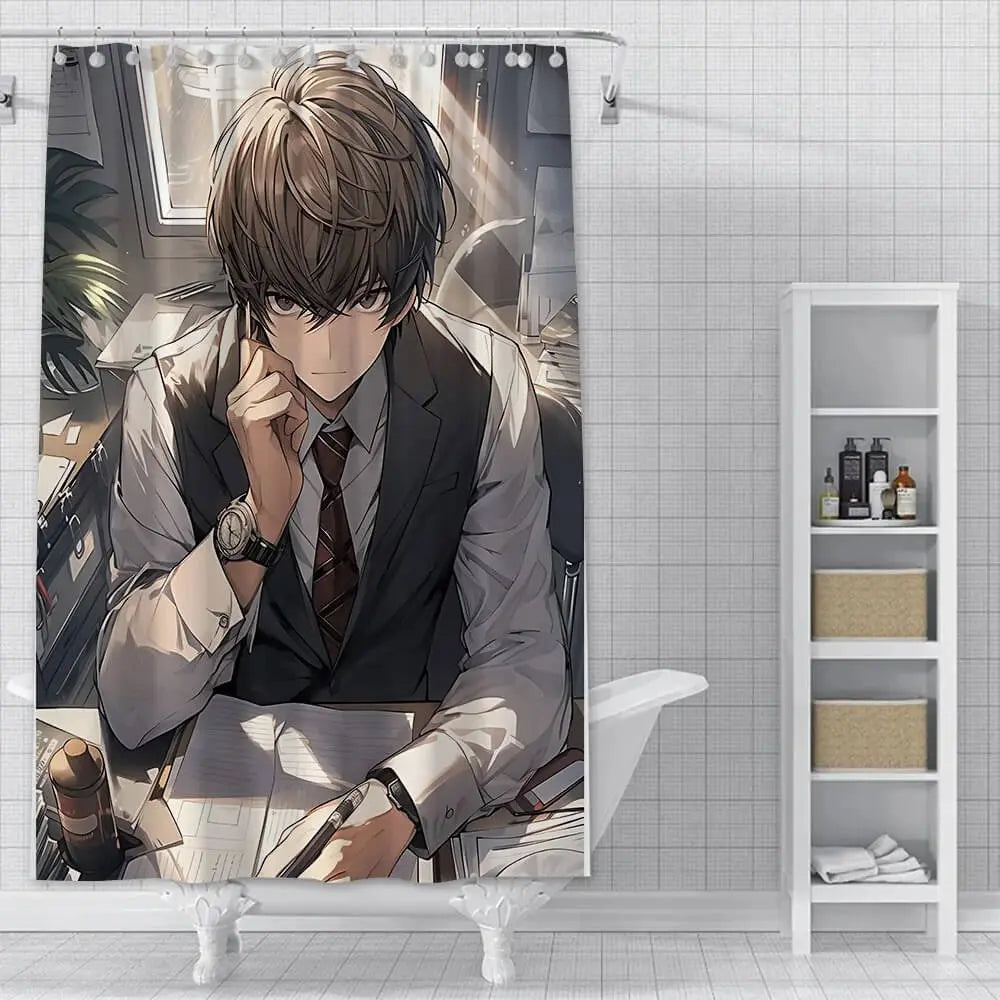Anime Death Note Shower Curtain – Waterproof polyester bathroom curtain with bold black and white anime design featuring Death Note characters from Zirconic