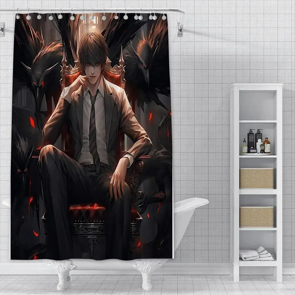Anime Death Note Shower Curtain – Waterproof polyester bathroom curtain with bold black and white anime design featuring Death Note characters from Zirconic