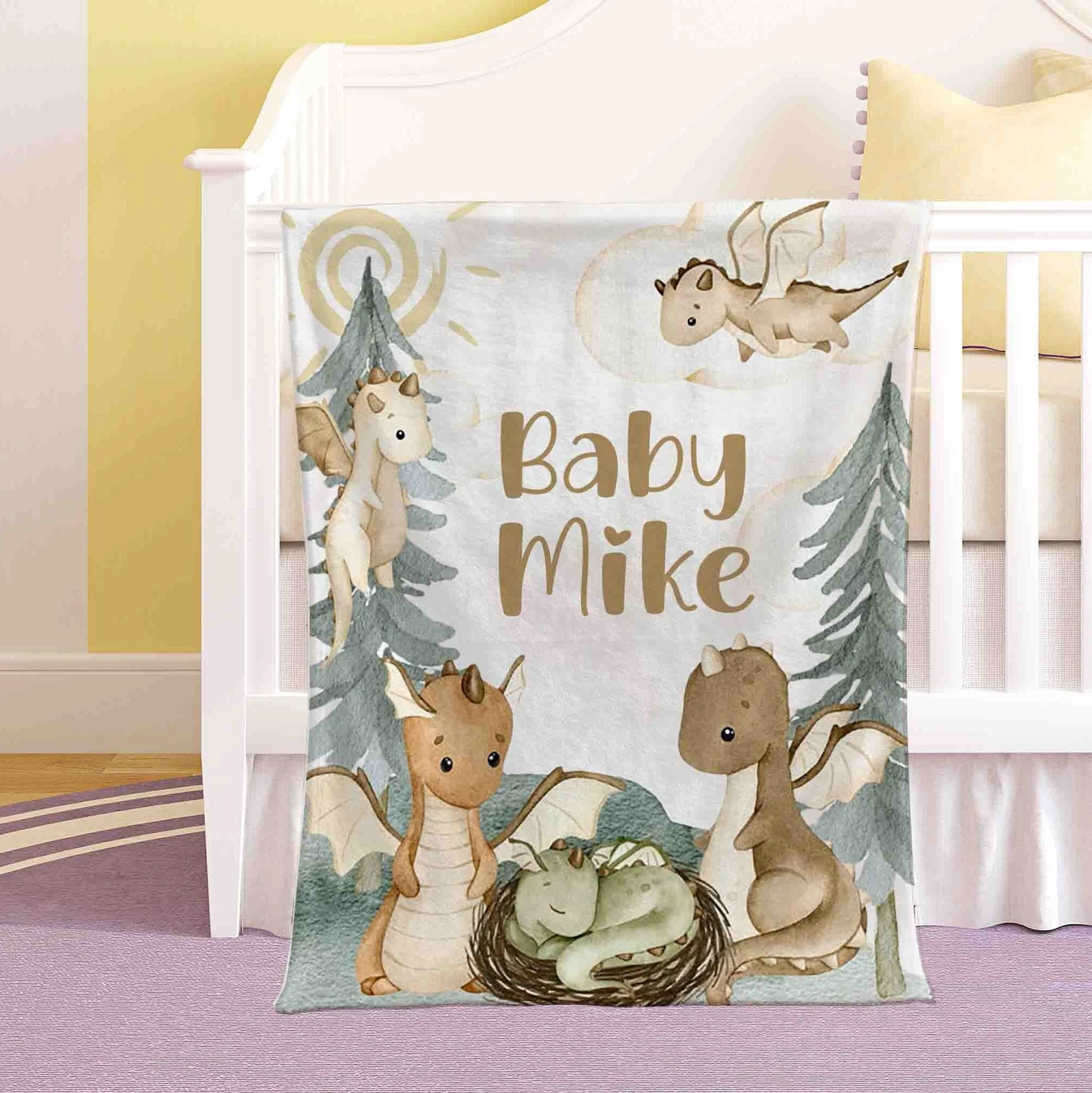 Little Dragon Nursery Blanket Personalized Baby Dragon Blanket Forest Animal Baby Blanket Kids Custom Name Blanket Woodland Baby Shower Gift
