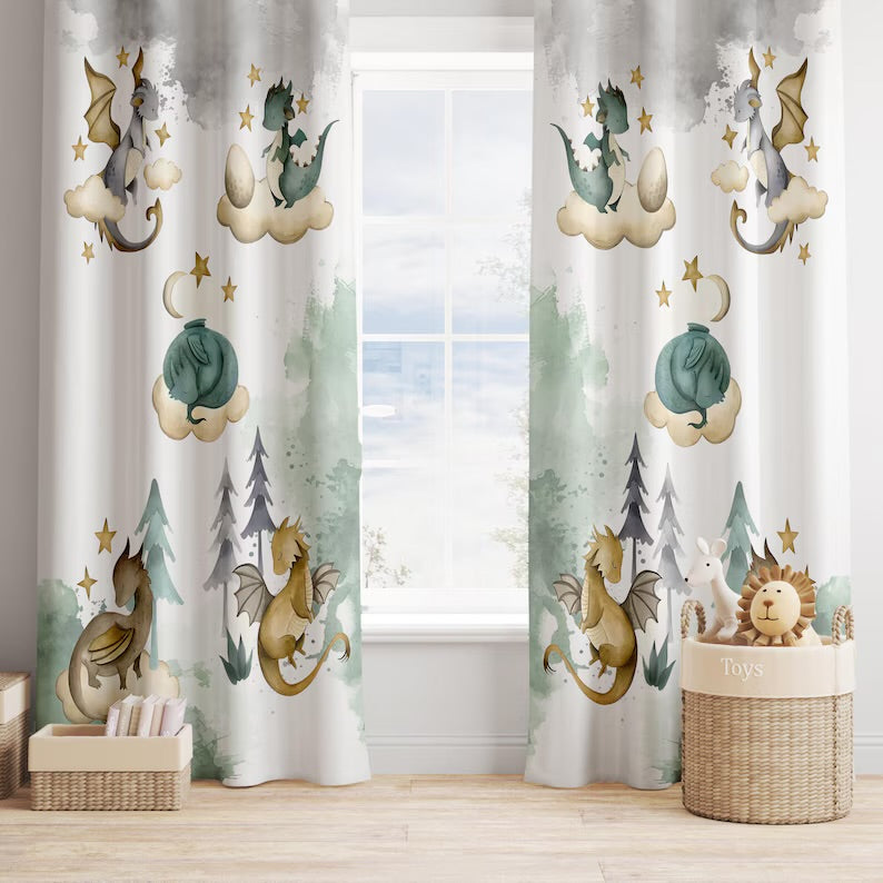 Little Dragon Nursery Curtains, Animal Kids Bedroom Curtains, Nursery Decor, Baby Room Curtains, Bedroom Living Room Curtains, Window Curtains