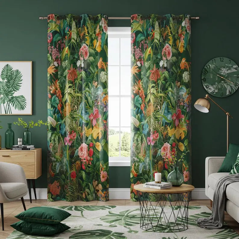 Lush Floral Jungle Print Tropical Curtain, Exotic Flower Botanical Drapes for Living Room and Bedroom