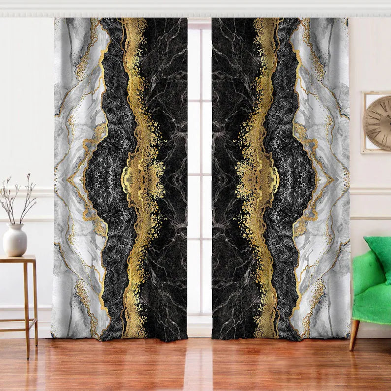Luxury Black Gold Marble Curtain, Elegant Abstract Geode Pattern Drapes for Living Room, Modern Home Window Decor