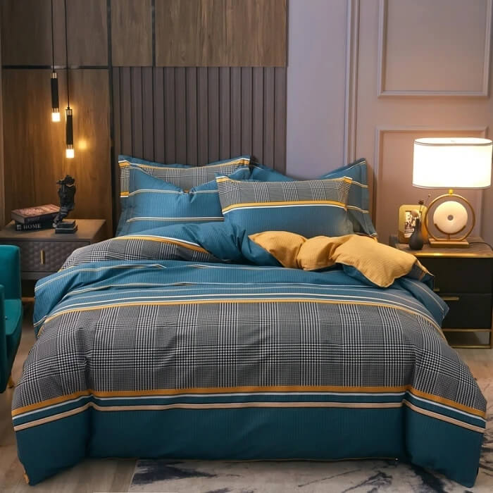 Navy blue striped quilt cover close view