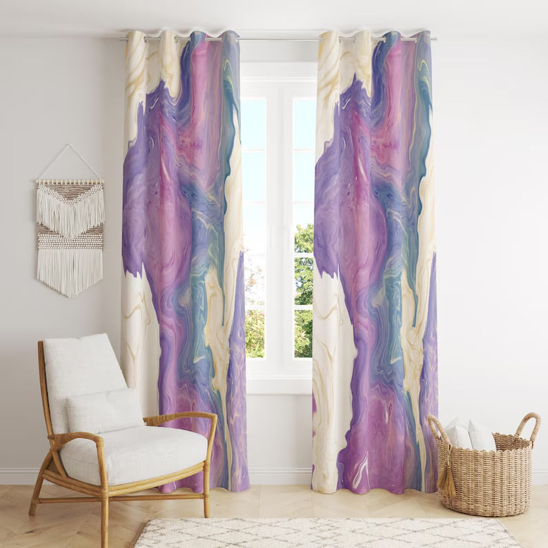 Luxury Marble Pattern Curtains, Purple Marble Style Panel Curtains, Marble Blackout Lining Panels, Elegant Modern Art Window Drapes