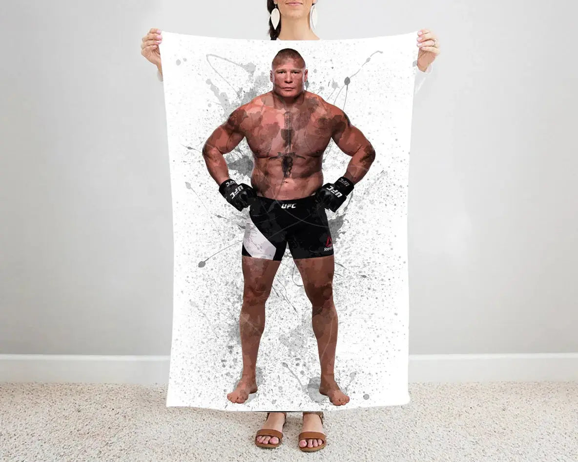 Brock Lesnar flannel blanket featuring powerful UFC and WWE-inspired fighter graphics, ultra-soft fabric, and warm throw design perfect for combat sports fan bedding or living room decor