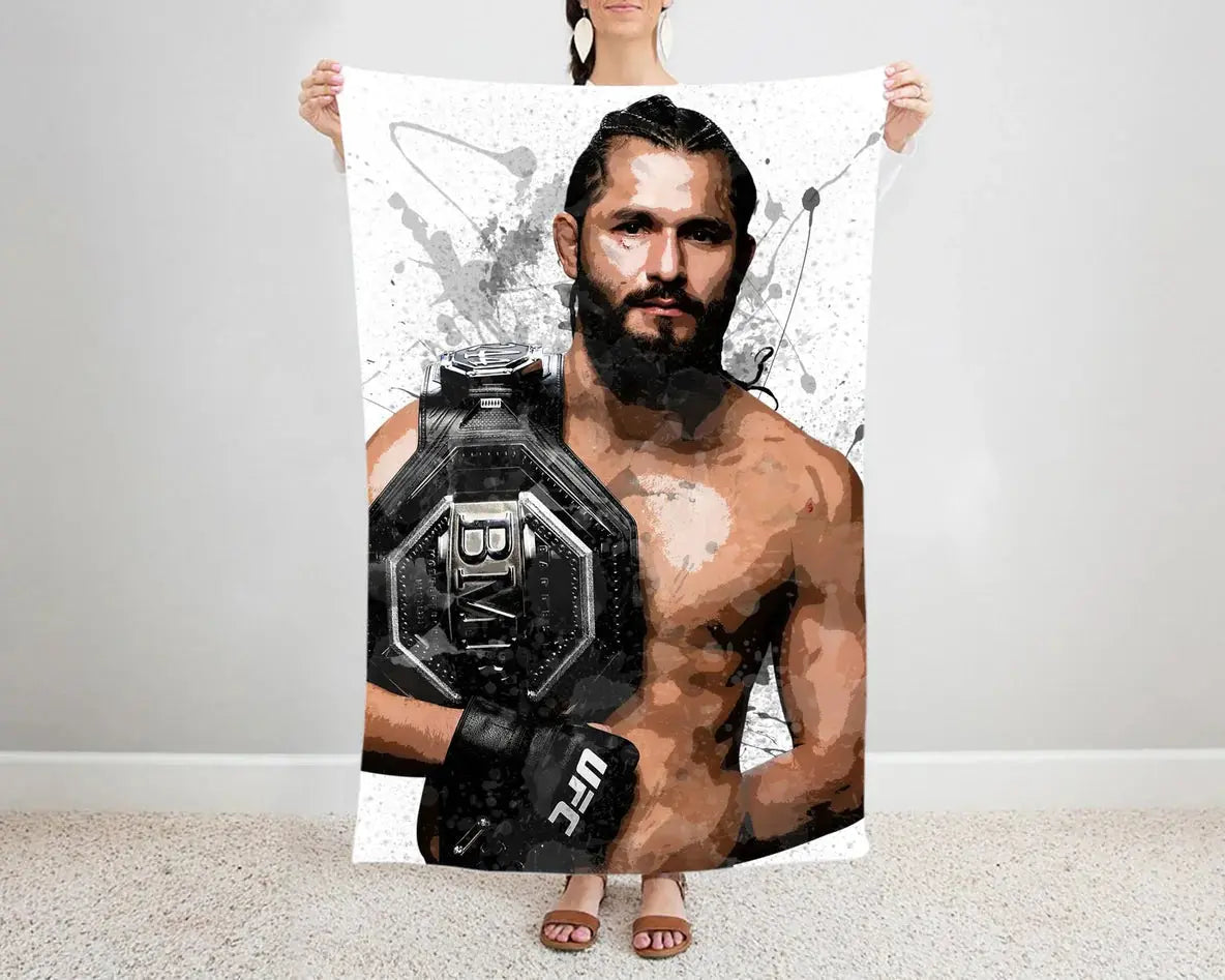 Jorge Masvidal splash effect flannel blanket with striking UFC fighter graphics, ultra-soft and cozy fabric, perfect for MMA-themed bedding, sofa throws, or fan gifts