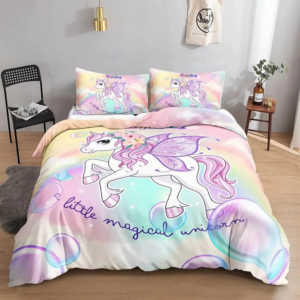 Pastel unicorn duvet cover set for girls

Magical kids bedding with soft microfiber

Unicorn doona cover with fantasy theme

Whimsical quilt set for children&#39;s room