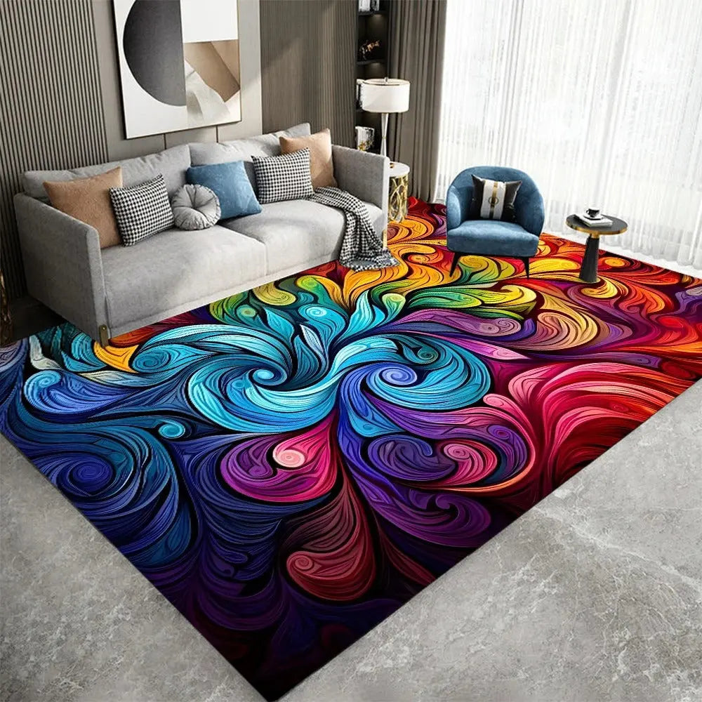 Abstract mandala area rug in hallway, near guest room