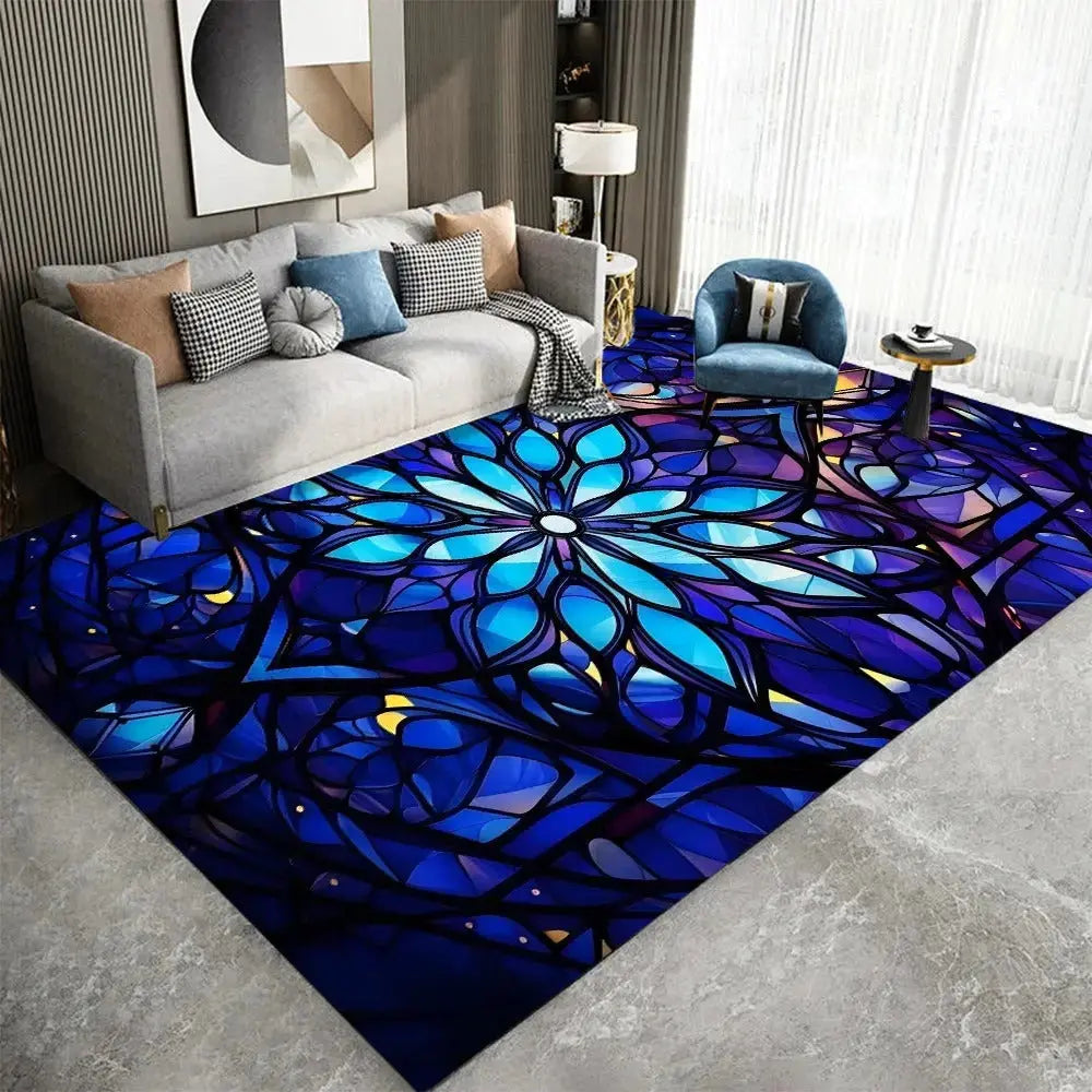 Abstract mandala carpet under coffee table in modern living room