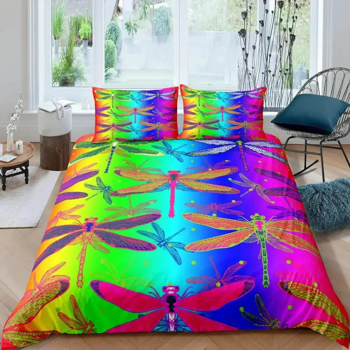 Iridescent mandala dragonfly quilt cover on king bed