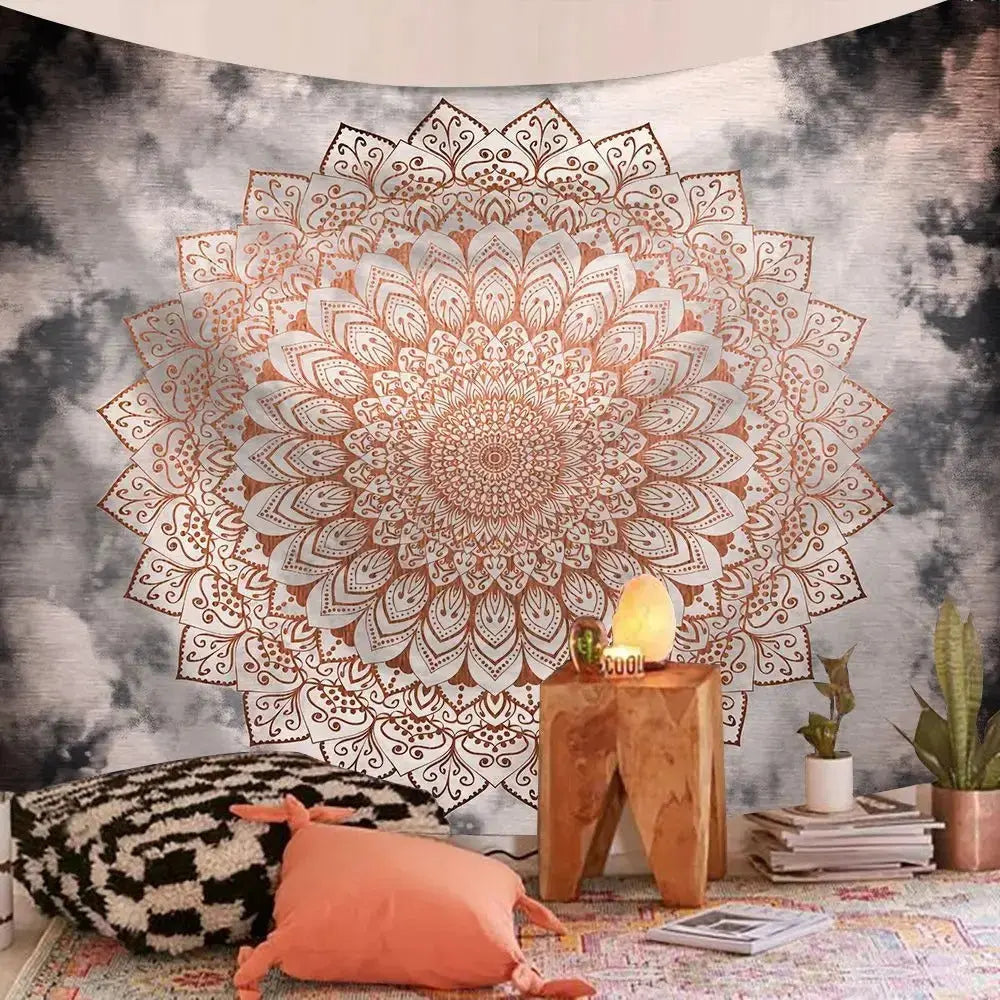 Bohemian Indian mandala blanket used at a music festival picnic setup