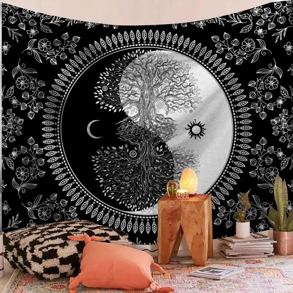 Indian Mandala Tapestry placed flat on floor in bohemian room
