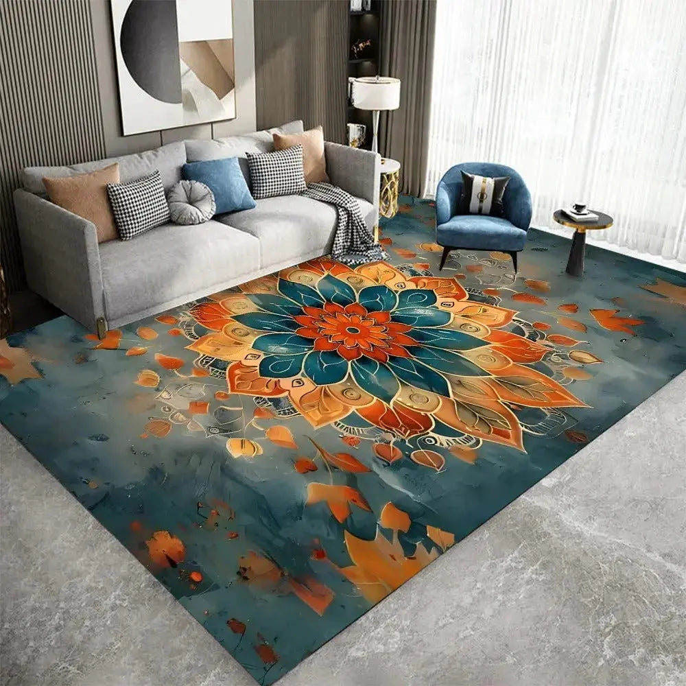 Zen-inspired mandala rug in meditative corner with floor cushions